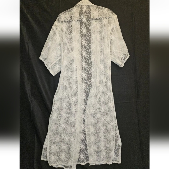 Kimono Duster Cardigan Med Lace Sheer Long Off White Gypsy Boho Western Peasant - Picture 9 of 12